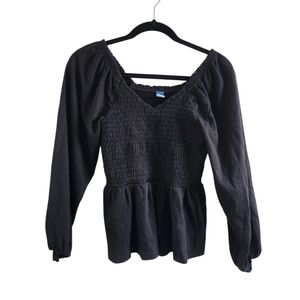Old Navy Black Smocked Peplum Top with V-Neck